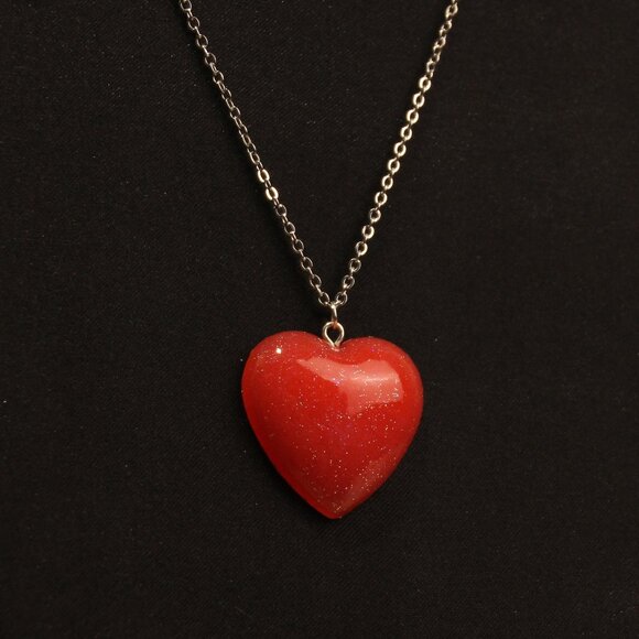 Hand Crafted Epoxy LG Heart Pendant Dark Orange with Sparkles Necklace - Picture 1 of 8